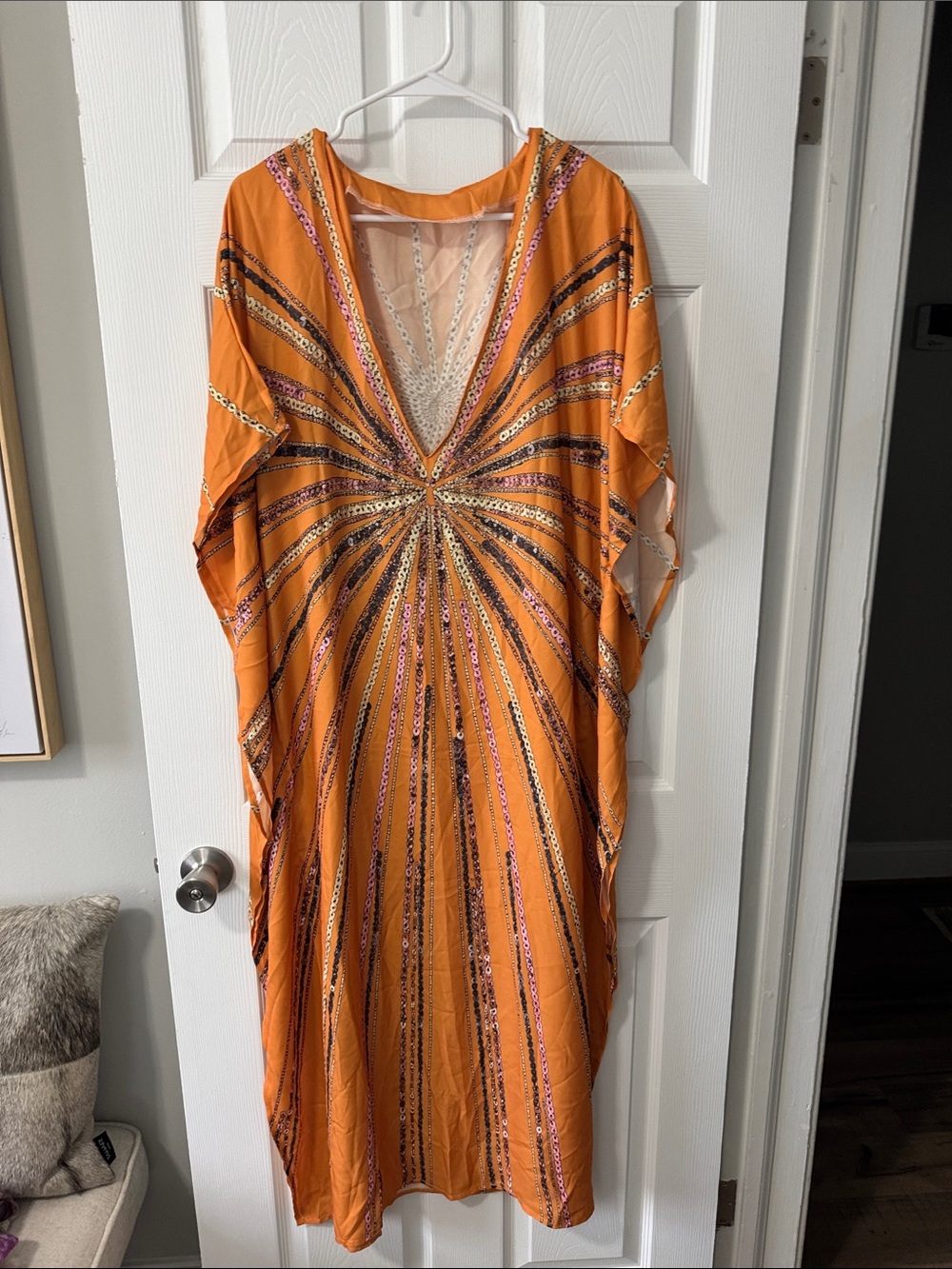 Orange V-Neck Embellished Women’s Caftan Dress